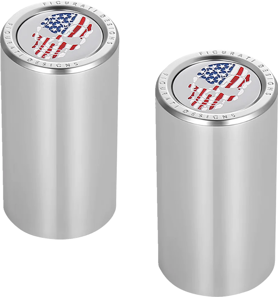 Figurati Designs Docking Hardware Covers - Red/White/Blue American Flag Skull - Long - Stainless Steel - Side View