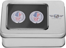 Load image into Gallery viewer, Figurati Designs Docking Hardware Covers - Red/White/Blue American Flag Skull - Short - Back View