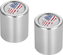 Load image into Gallery viewer, Figurati Designs Docking Hardware Covers - Red/White/Blue American Flag Skull - Stainless Steel - Side View