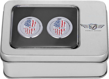 Load image into Gallery viewer, Figurati Designs Docking Hardware Covers - Red/White/Blue American Flag Skull - Stainless Steel - Back View