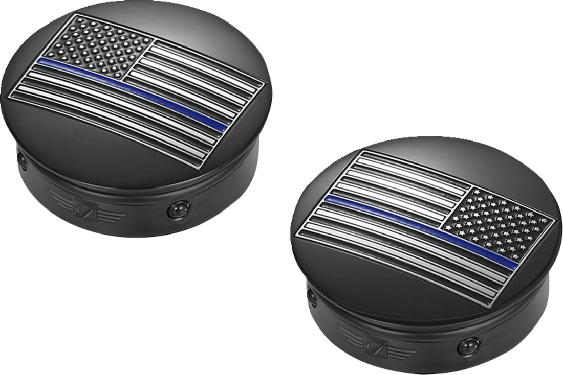 Figurati Designs Swing Arm Covers - Blue Line American Flag - Custom - Black - Reversed - Side View
