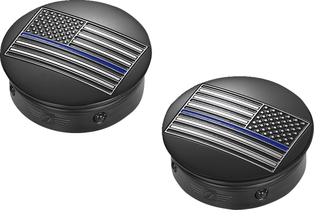 Figurati Designs Swing Arm Covers - Blue Line American Flag - Custom - Black - Reversed - Side View