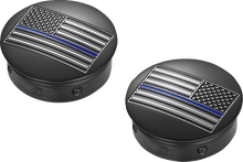 Load image into Gallery viewer, Figurati Designs Swing Arm Covers - Blue Line American Flag - Custom - Black - Reversed - Side View