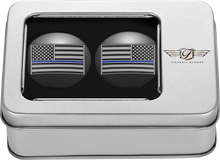 Load image into Gallery viewer, Figurati Designs Swing Arm Covers - Blue Line American Flag - Custom - Black - Reversed - Back View