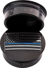 Load image into Gallery viewer, Figurati Designs Swing Arm Covers - Blue Line American Flag - Custom - Black - Reversed - Installation View