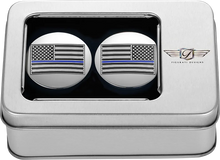Load image into Gallery viewer, Figurati Designs Swing Arm Covers - Blue Line American Flag - Custom - Reversed - Back View