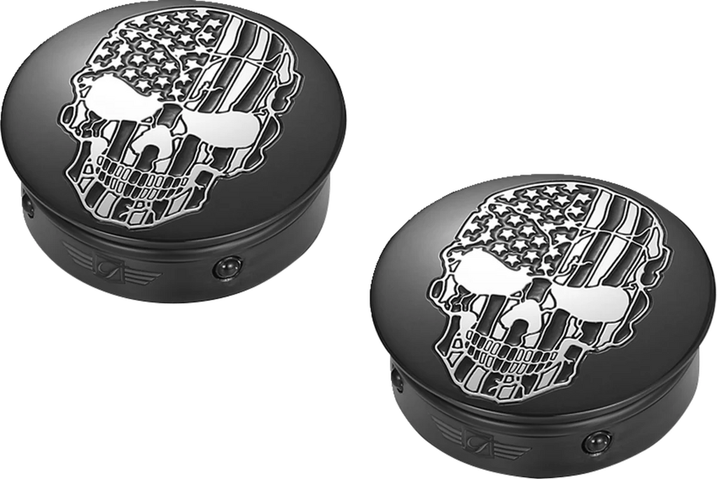 Figurati Designs Swing Arm Covers - Contrast Cut - American Flag Skull - Custom - Black - Side View