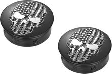 Load image into Gallery viewer, Figurati Designs Swing Arm Covers - Contrast Cut - American Flag Skull - Custom - Black - Side View