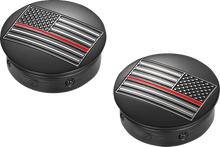 Load image into Gallery viewer, Figurati Designs Swing Arm Covers - Red Line American Flag - Custom - Black - Reversed - Side View
