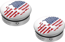 Load image into Gallery viewer, Figurati Designs Swing Arm Covers - Red/White/Blue Flag Skull - Side View