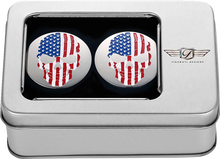 Load image into Gallery viewer, Figurati Designs Swing Arm Covers - Red/White/Blue Flag Skull - Back View