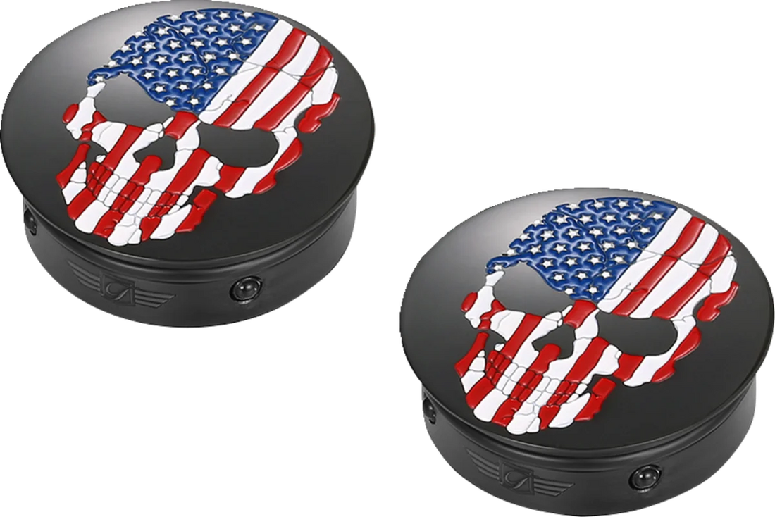 Figurati Designs Swing Arm Covers - Red/White/Blue Flag Skull - Custom - Black - Side View