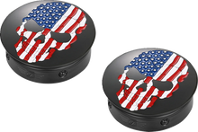Load image into Gallery viewer, Figurati Designs Swing Arm Covers - Red/White/Blue Flag Skull - Custom - Black - Side View