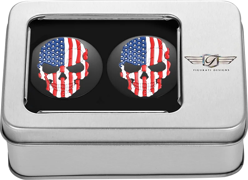 Figurati Designs Swing Arm Covers - Red/White/Blue Flag Skull - Custom - Black - Back View