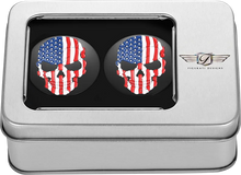 Load image into Gallery viewer, Figurati Designs Swing Arm Covers - Red/White/Blue Flag Skull - Custom - Black - Back View