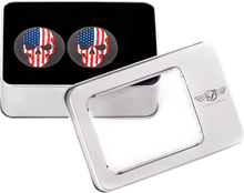 Load image into Gallery viewer, Figurati Designs Swing Arm Covers - Red/White/Blue Flag Skull - Custom - Black - Installation View
