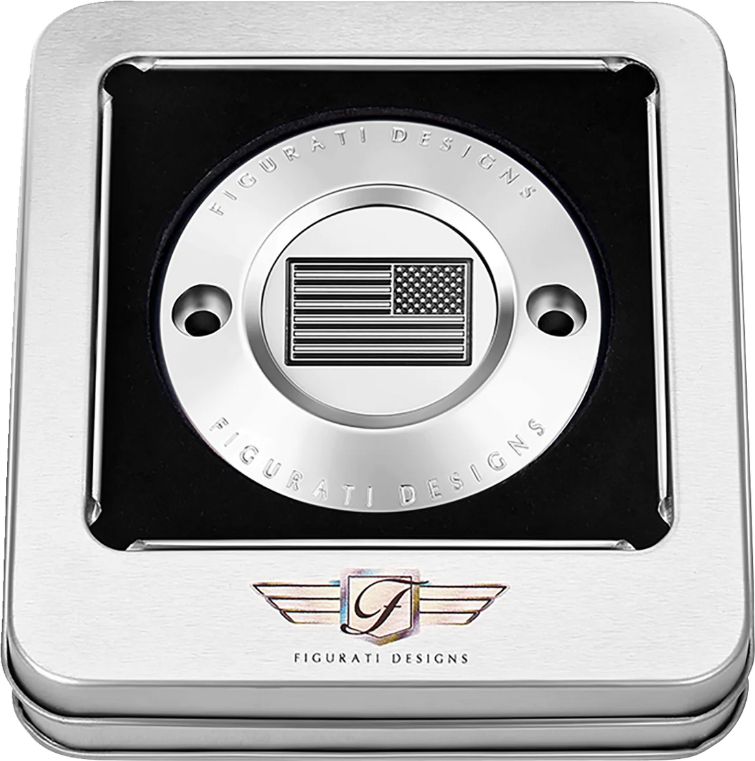 Figurati Designs Timing Cover - 2 Hole - American Flag - Contrast Cut - Stainless Steel - Back View