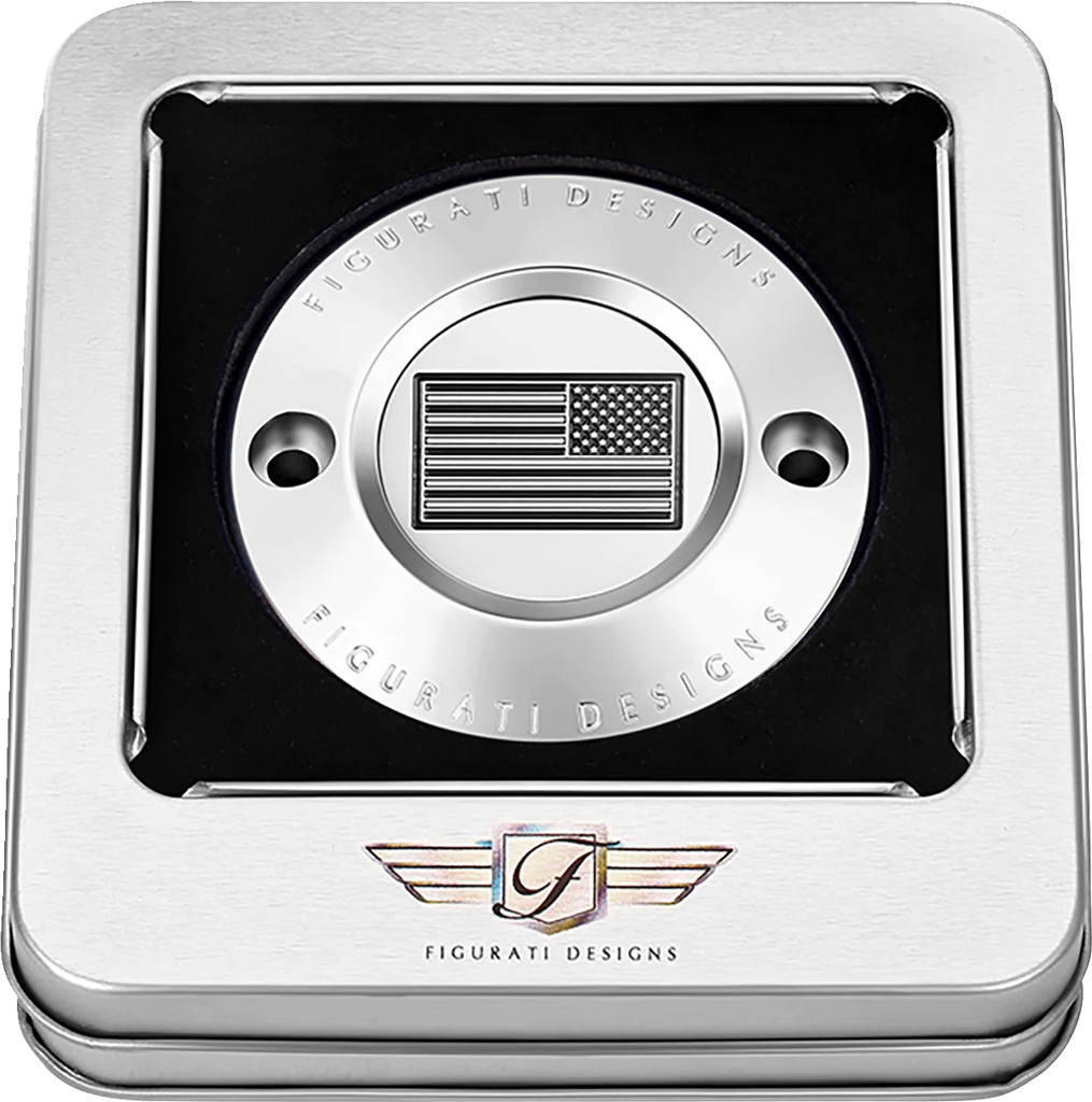 Figurati Designs Timing Cover - 2 Hole - American Flag - Contrast Cut - Stainless Steel - Back View