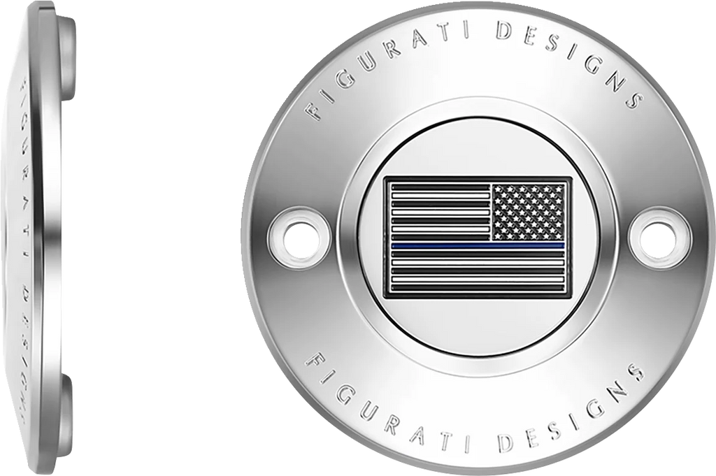 Figurati Designs Timing Cover - 2 Hole - Blue Line American Flag - Stainless Steel - Side View