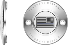 Load image into Gallery viewer, Figurati Designs Timing Cover - 2 Hole - Blue Line American Flag - Stainless Steel - Side View