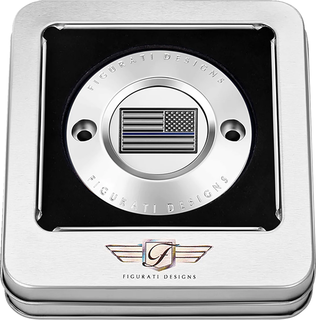 Figurati Designs Timing Cover - 2 Hole - Blue Line American Flag - Stainless Steel - Back View