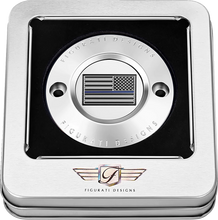 Load image into Gallery viewer, Figurati Designs Timing Cover - 2 Hole - Blue Line American Flag - Stainless Steel - Back View