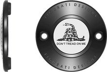 Load image into Gallery viewer, Figurati Designs Timing Cover - 2 Hole - Don't Tread on Me - Black - Side View
