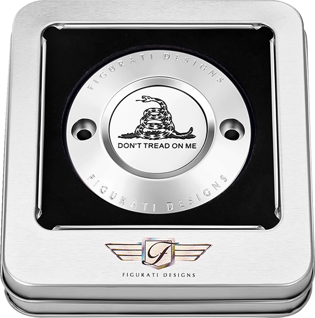 Figurati Designs Timing Cover - 2 Hole - Don't Tread on Me - Stainless Steel - Side View