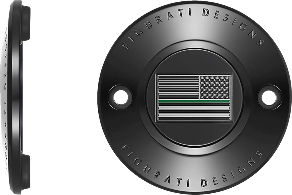 Figurati Designs Timing Cover - 2 Hole - Green Line American Flag - Black - Side View