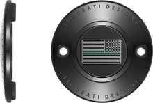 Load image into Gallery viewer, Figurati Designs Timing Cover - 2 Hole - Green Line American Flag - Black - Side View