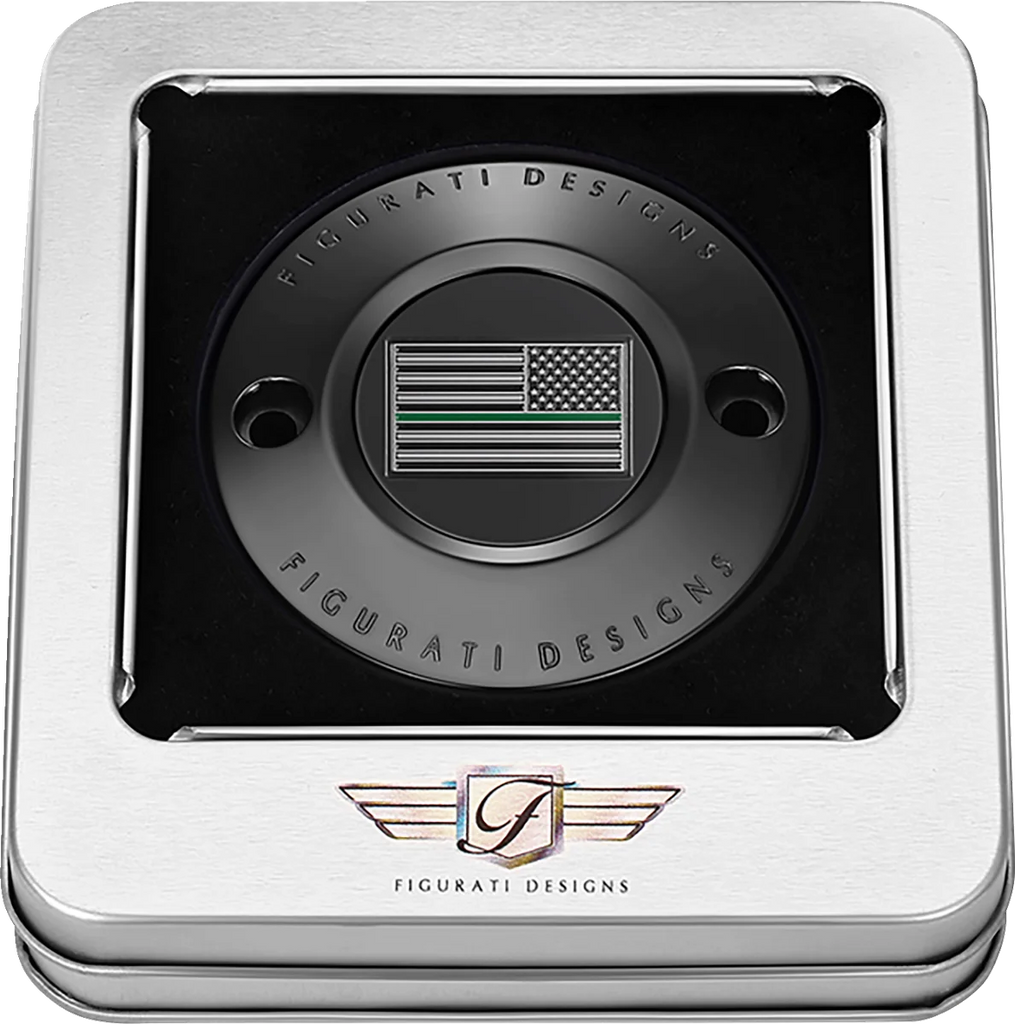 Figurati Designs Timing Cover - 2 Hole - Green Line American Flag - Black - Back View