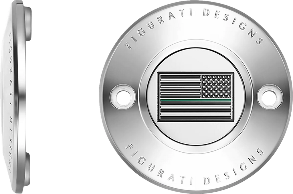 Figurati Designs Timing Cover - 2 Hole - Green Line American Flag - Stainless Steel - Side View