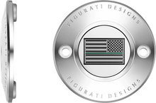 Load image into Gallery viewer, Figurati Designs Timing Cover - 2 Hole - Green Line American Flag - Stainless Steel - Side View