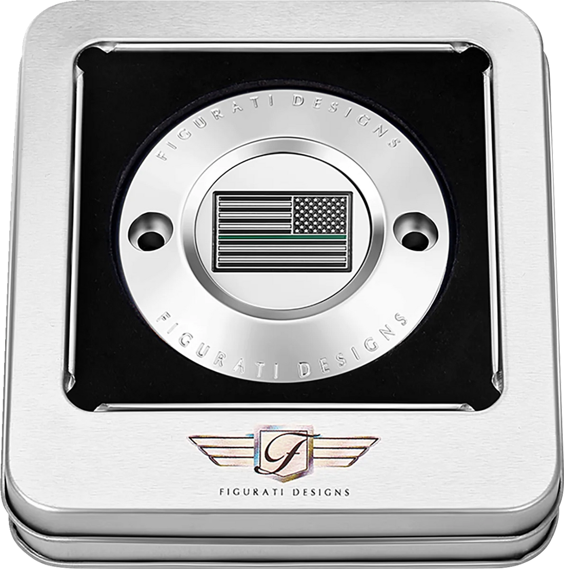 Figurati Designs Timing Cover - 2 Hole - Green Line American Flag - Stainless Steel - Back View