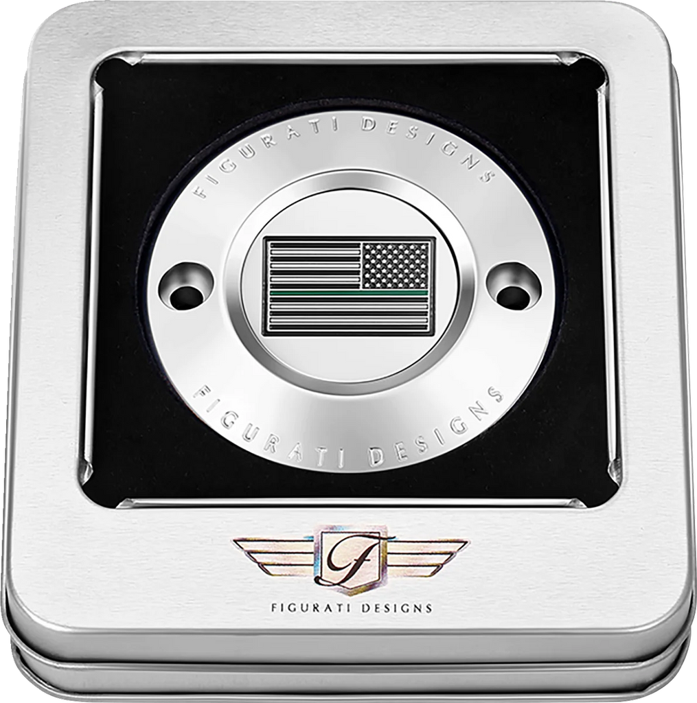 Figurati Designs Timing Cover - 2 Hole - Green Line American Flag - Stainless Steel - Back View