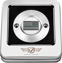 Load image into Gallery viewer, Figurati Designs Timing Cover - 2 Hole - Green Line American Flag - Stainless Steel - Back View