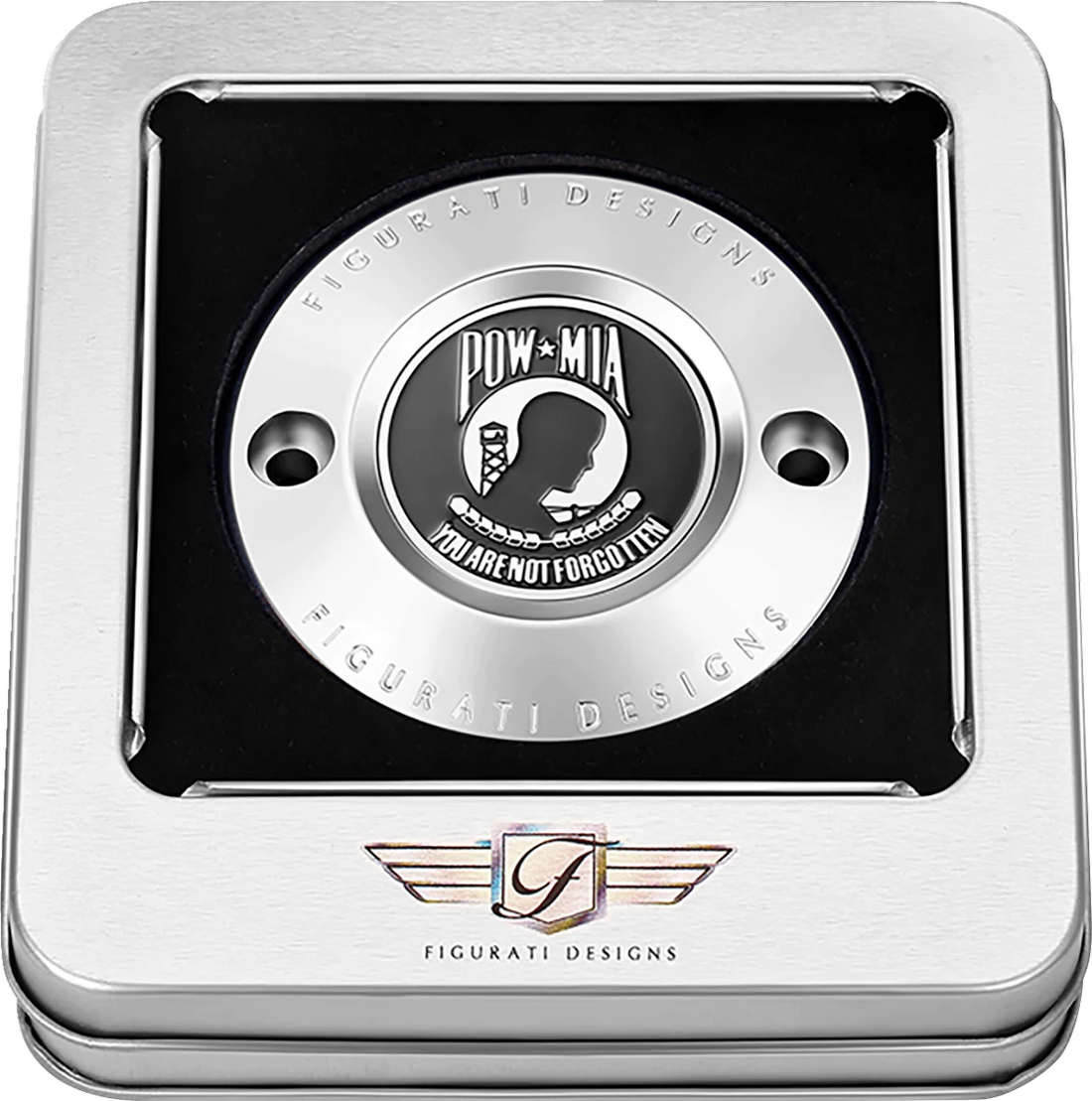 Figurati Designs Timing Cover - 2 Hole - POW MIA - Stainless Steel - Back View
