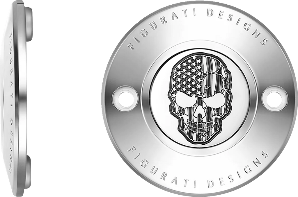 Figurati Designs Timing Cover - 2 Hole - Skull - Contrast Cut - Stainless Steel - Side View