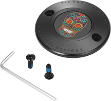 Load image into Gallery viewer, Figurati Designs Timing Cover - 2 Hole - Sugar Skull - Black - Main Product View