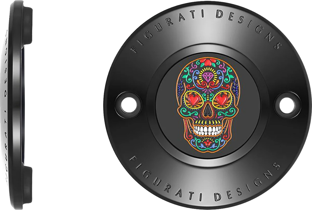 Figurati Designs Timing Cover - 2 Hole - Sugar Skull - Black - Side View