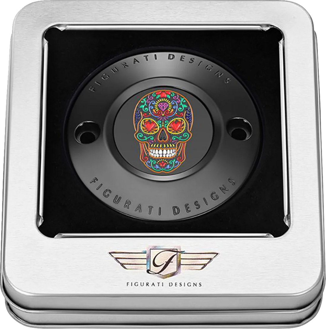 Figurati Designs Timing Cover - 2 Hole - Sugar Skull - Black - Back View