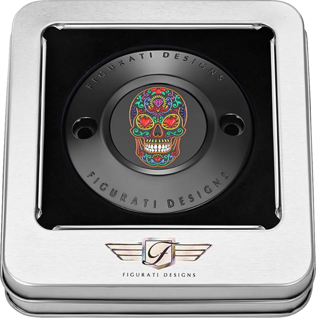 Figurati Designs Timing Cover - 2 Hole - Sugar Skull - Black - Back View
