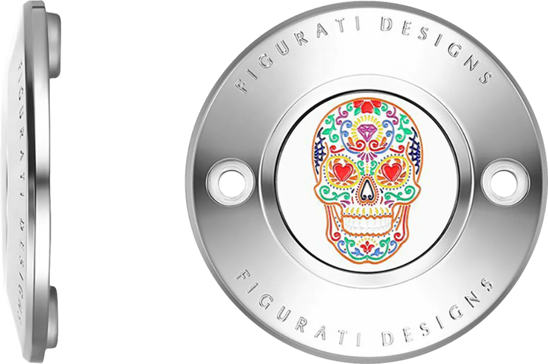 Figurati Designs Timing Cover - 2 Hole - Sugar Skull - Mirror Polished - Stainless Steel - Side View
