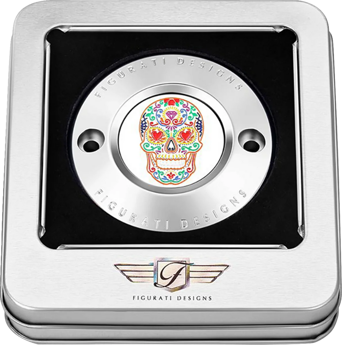 Figurati Designs Timing Cover - 2 Hole - Sugar Skull - Mirror Polished - Stainless Steel - Back View
