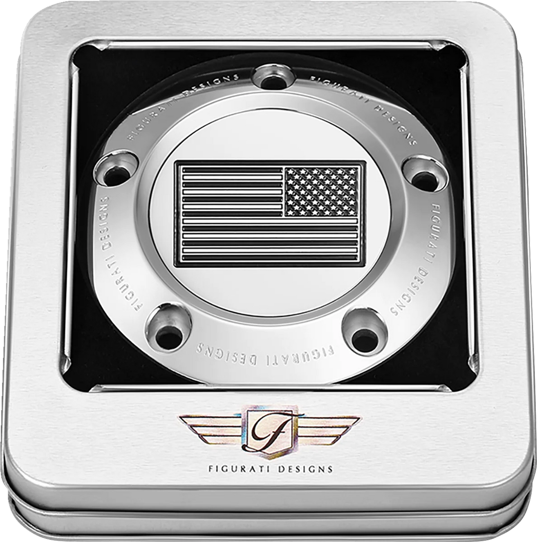 Figurati Designs Timing Cover - 5 Hole - American Flag - Contrast Cut - Stainless Steel - Back View