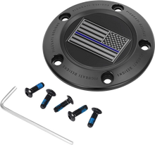 Load image into Gallery viewer, Figurati Designs Timing Cover - 5 Hole - Blue Line American Flag - Black - Main Product View