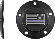 Load image into Gallery viewer, Figurati Designs Timing Cover - 5 Hole - Blue Line American Flag - Black - Side View