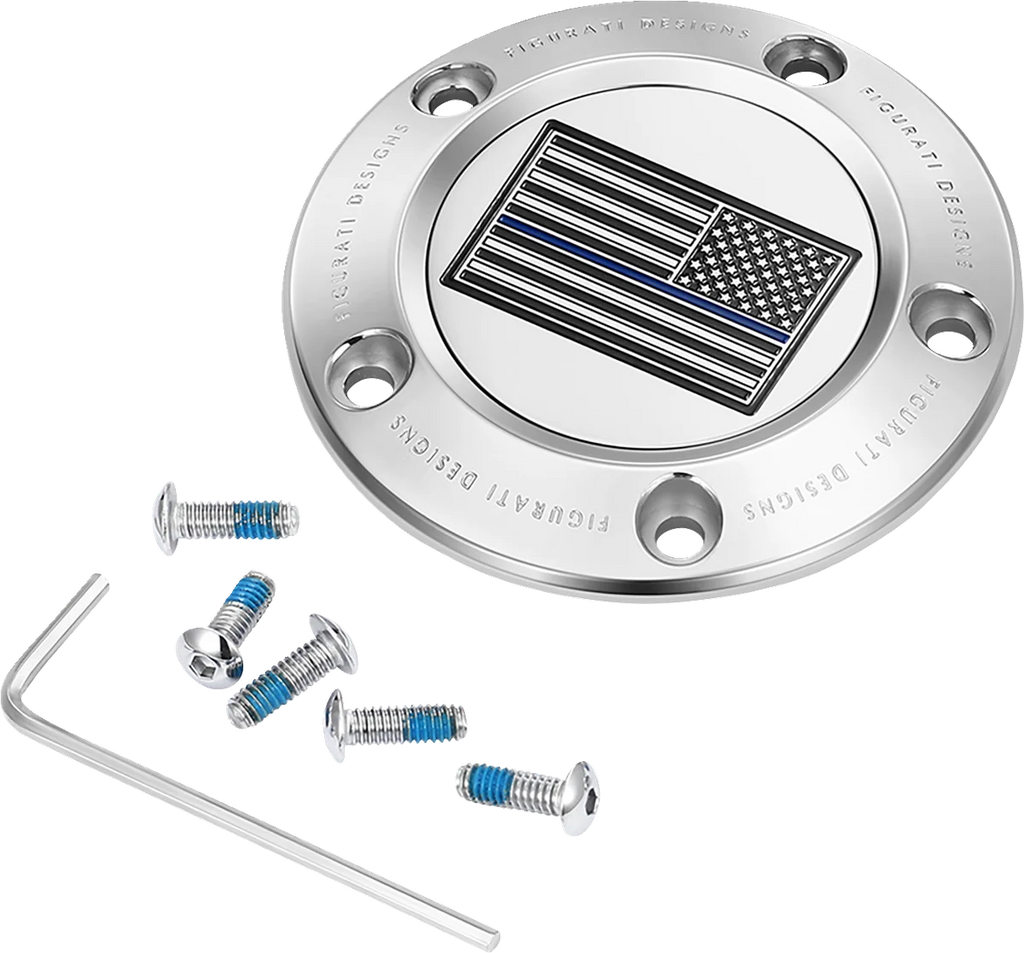 Figurati Designs Timing Cover - 5 Hole - Blue Line American Flag - Stainless Steel - Main Product View