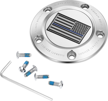 Load image into Gallery viewer, Figurati Designs Timing Cover - 5 Hole - Blue Line American Flag - Stainless Steel - Main Product View