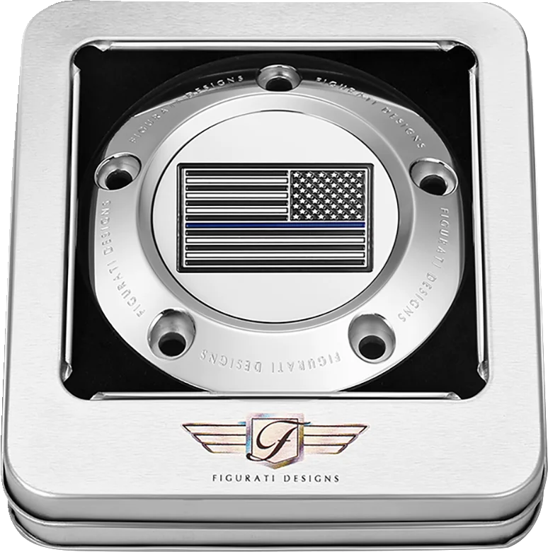 Figurati Designs Timing Cover - 5 Hole - Blue Line American Flag - Stainless Steel - Side View